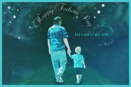 father and son hand in hand in universe
