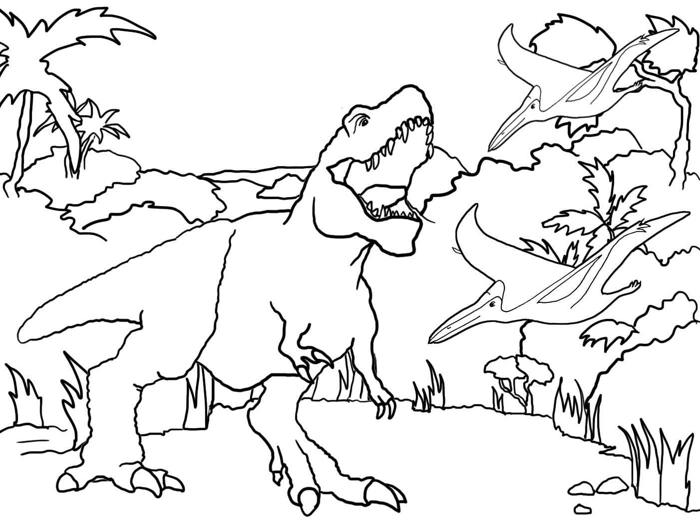 landscape with Tyrannosaurus rex and flying dinos
