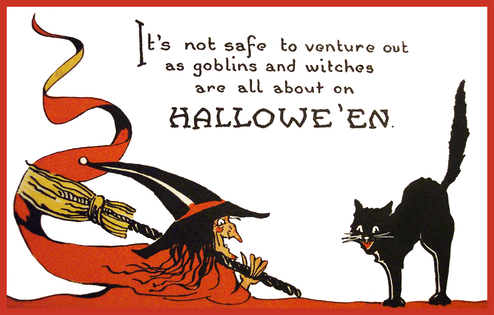 old Halloween card with witch and cat