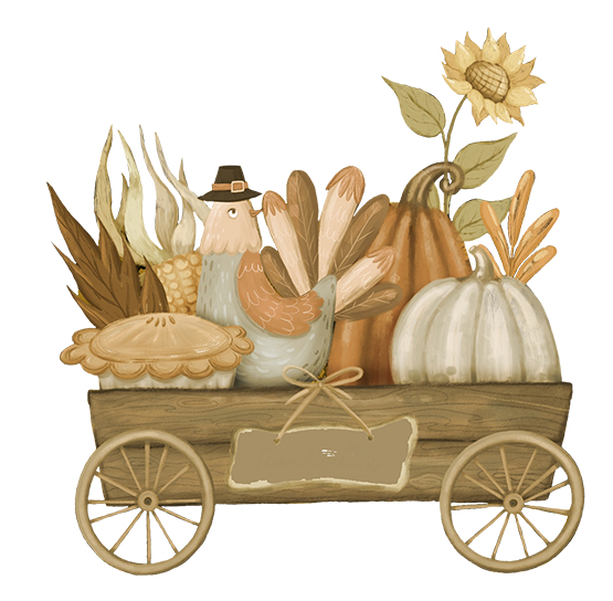 cart with turkey and pumpkins