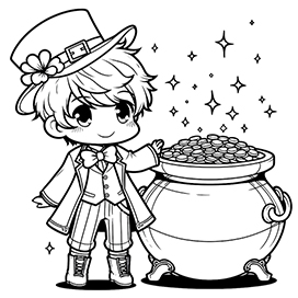 anime style leprechaun and cauldron coloring page