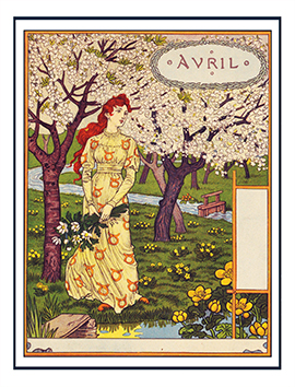 April drawing Mucha Art Nouveau garden