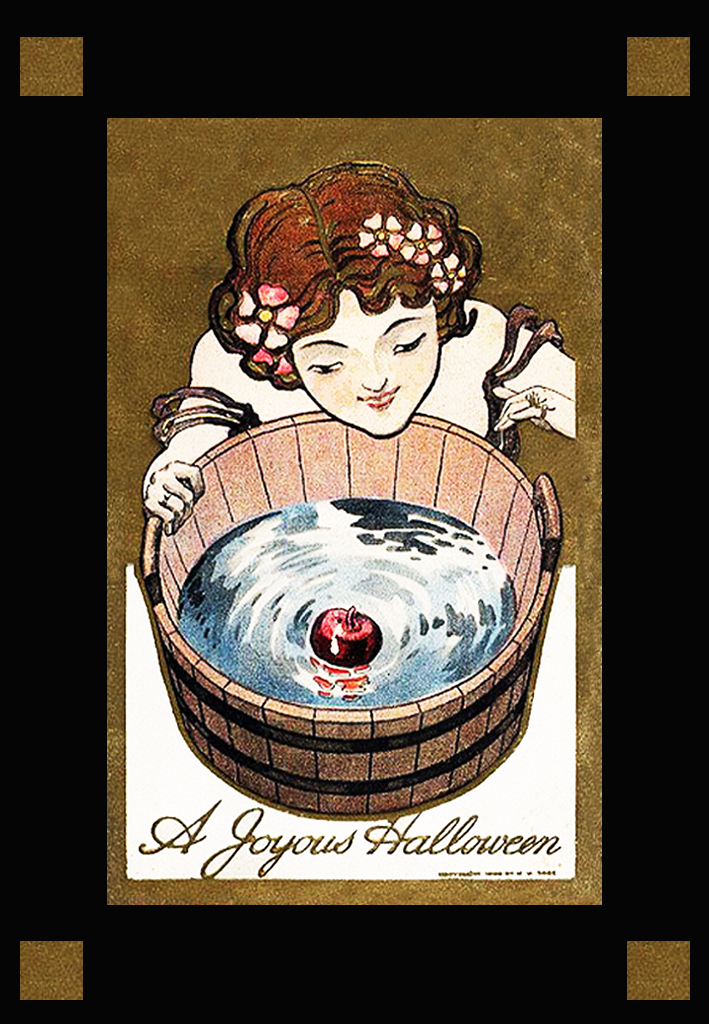 art nouveau halloween postcard apple in water
