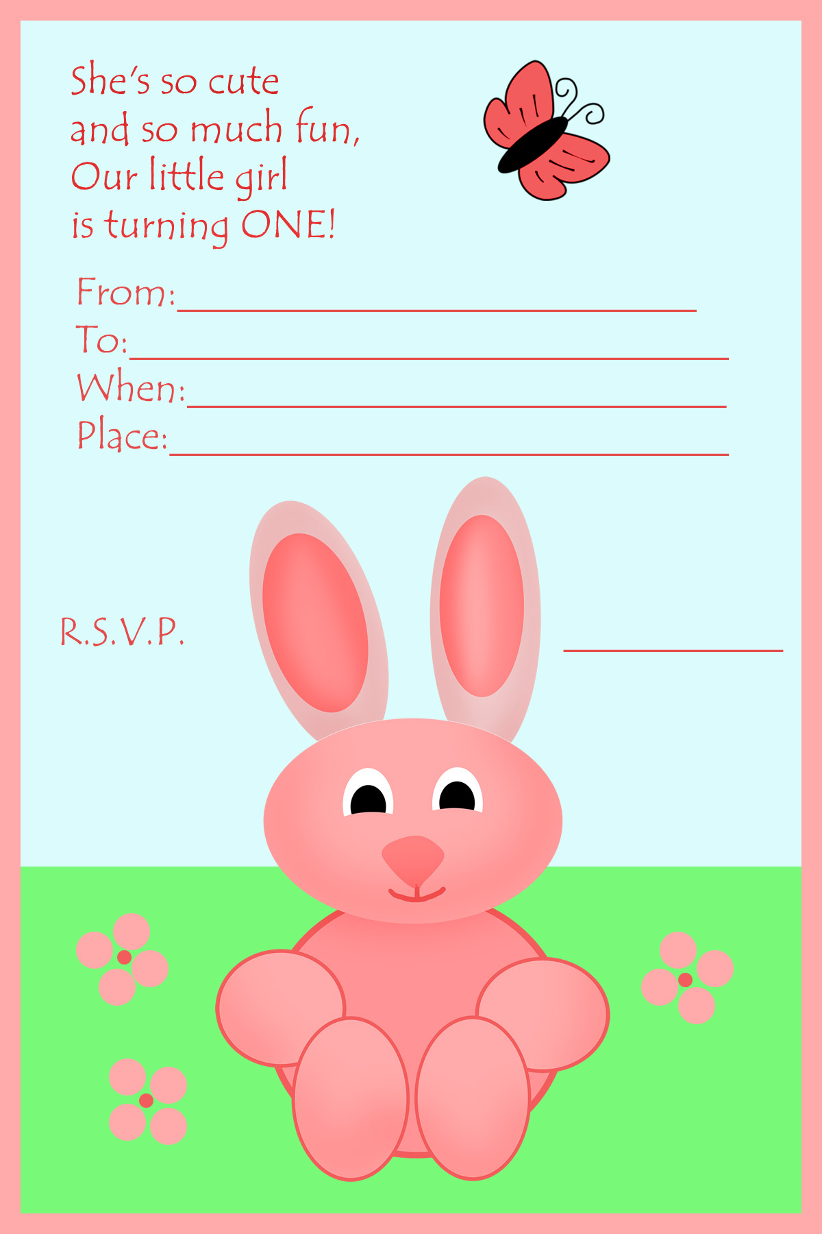 baby rabbit girl invitation 1st birthday girl