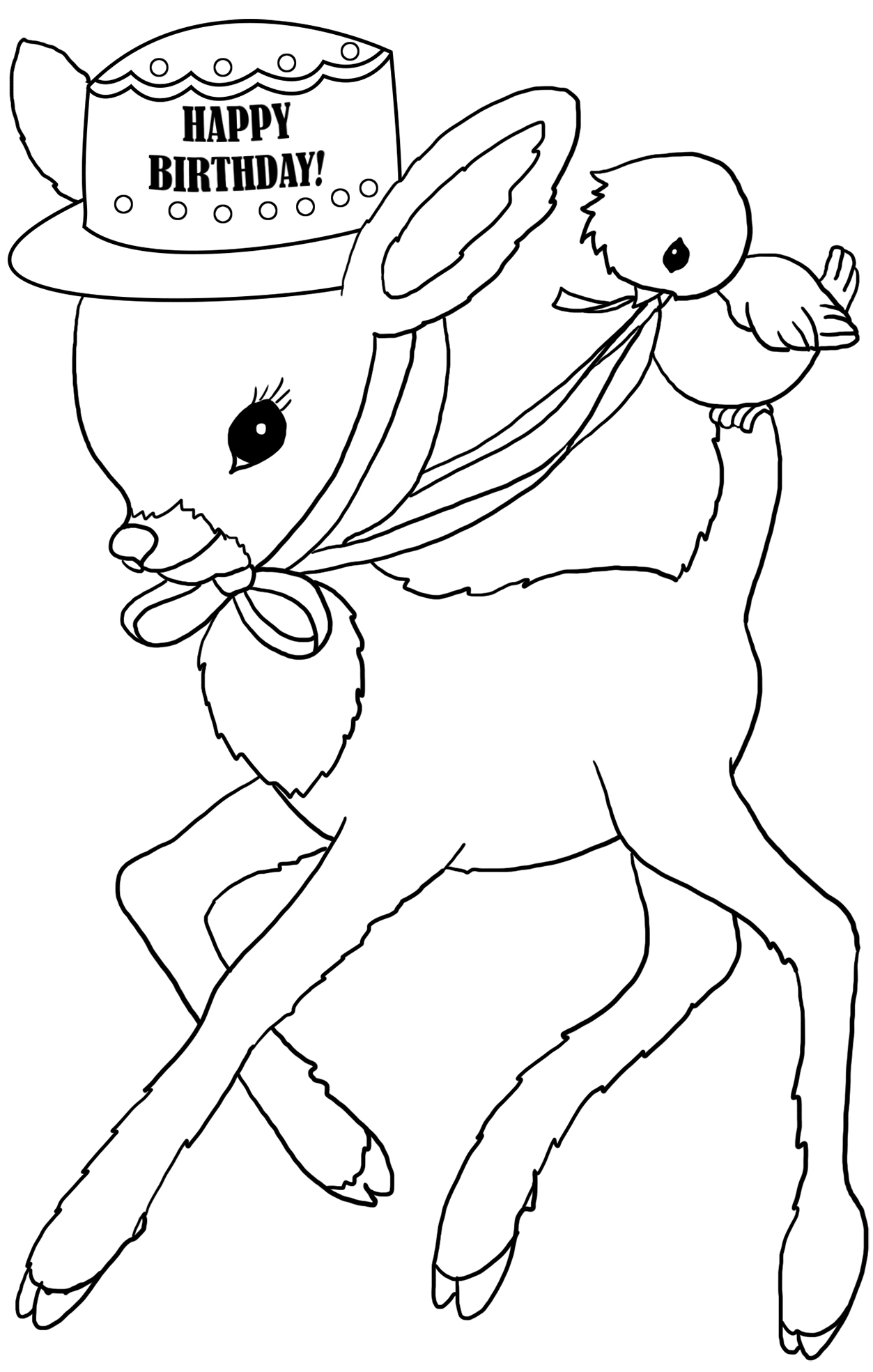 coloring sheet for birthday with bambi and bird