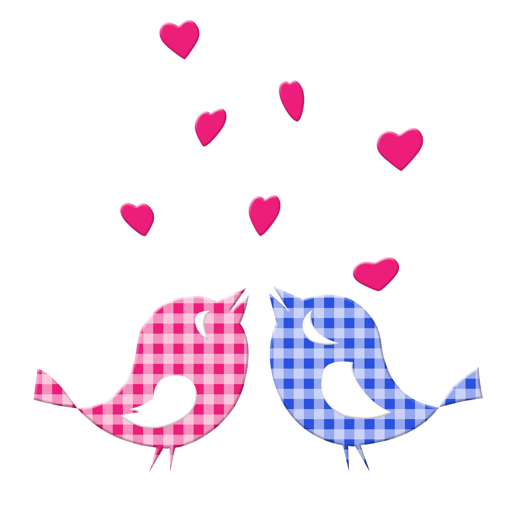 Two cute love birds and hearts