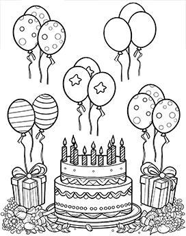 birthday cake and balloons coloring page