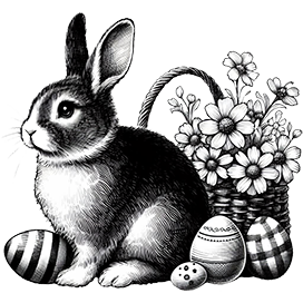 Easter bunny eggs flowers black and white PNG