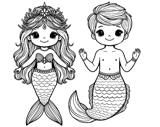 boy and girl merman and mermaid coloring page