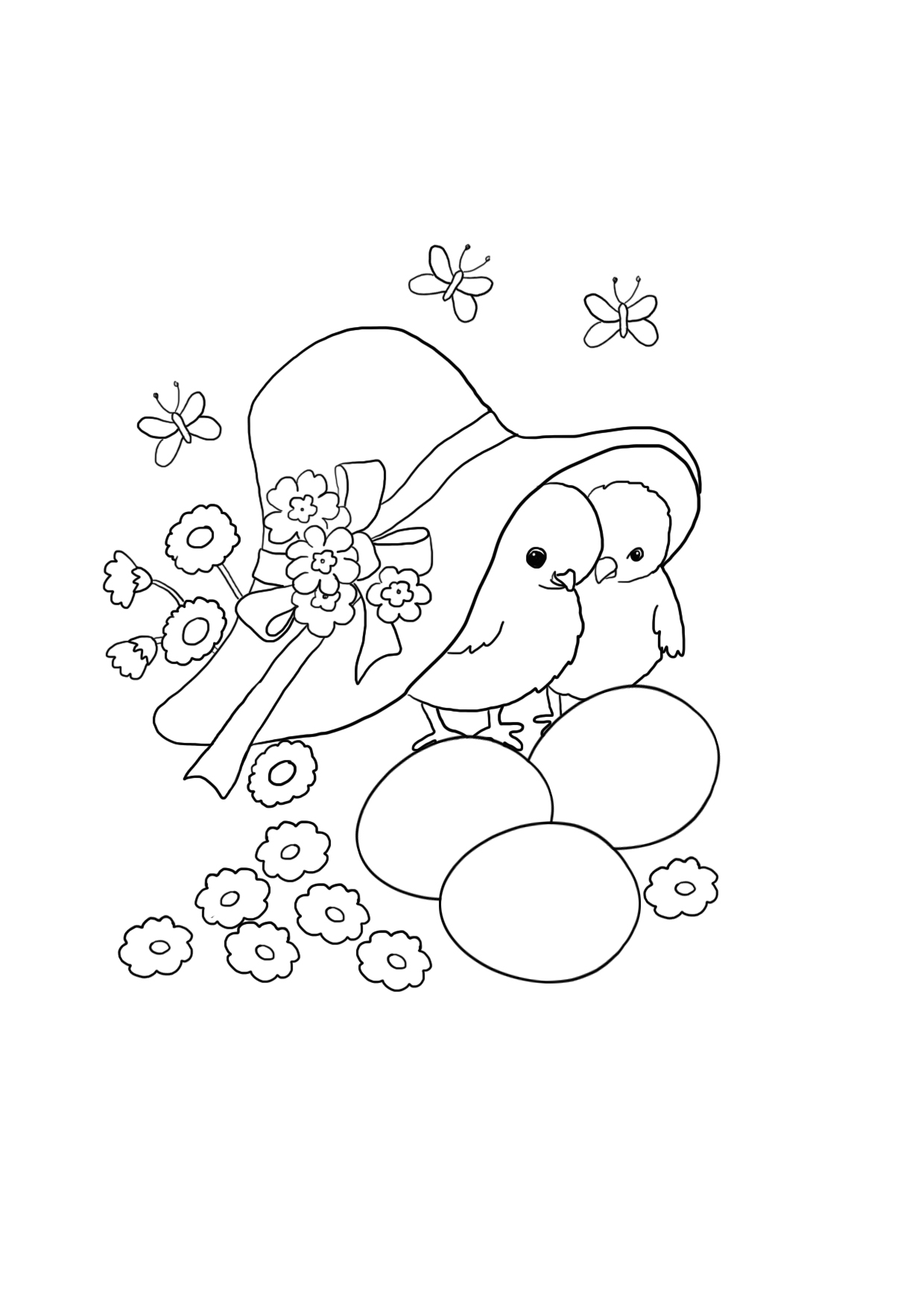 Easter coloring sheet with chickens and flowers