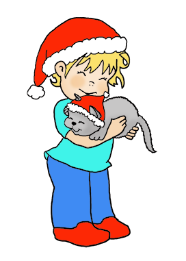 Christmas clipart child with cat and Santa caps