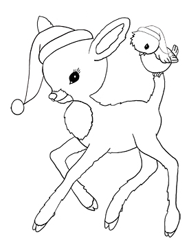 Christmas bambi and bird for coloring