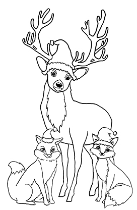 Christmas coloring page with deer and foxes