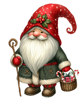 christmas gnome with basket with gifts and candy