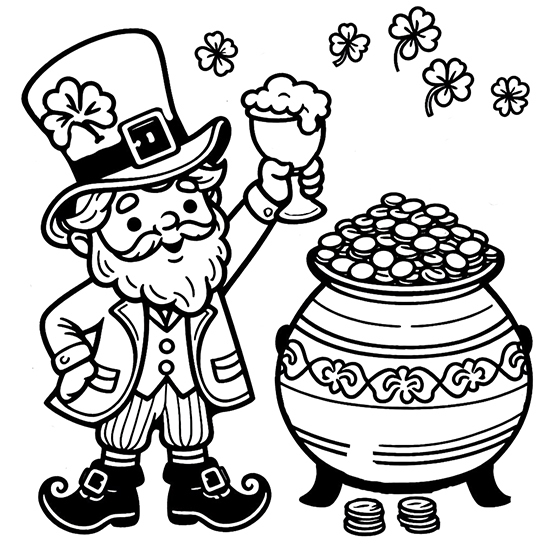 st. Patrick's day coloring page leprecahun cauldron beer