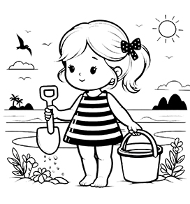coloring page with girl at the summer beach
