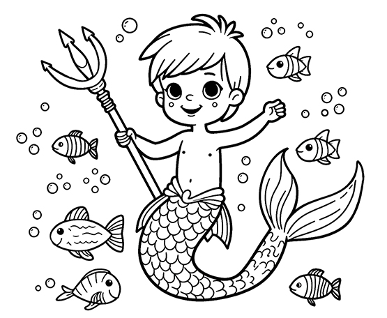 coloring page young merman with fish