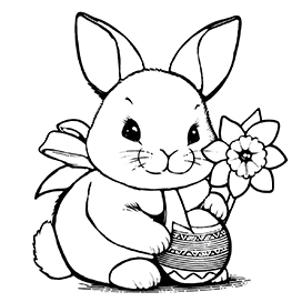 Easter bunny with daffodil and eggs coloring Page