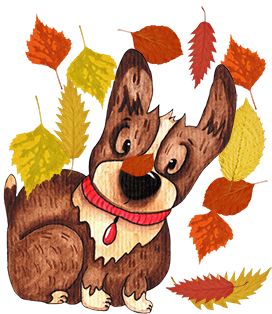 dog with falling leaves