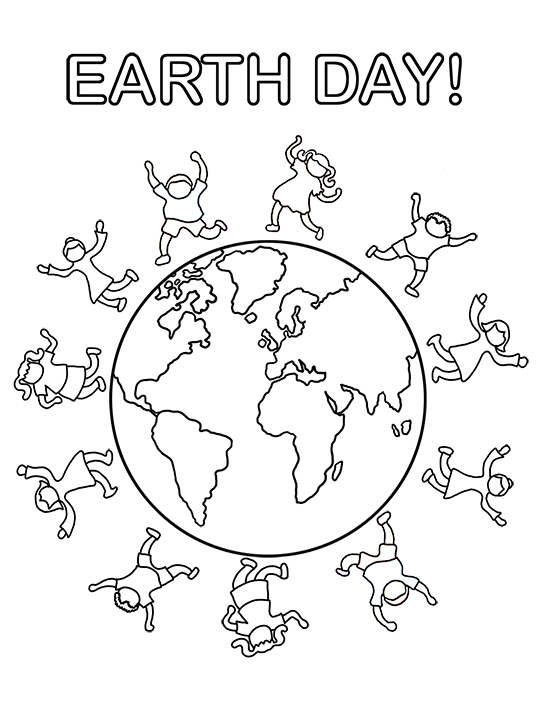 earth day coloring page with children