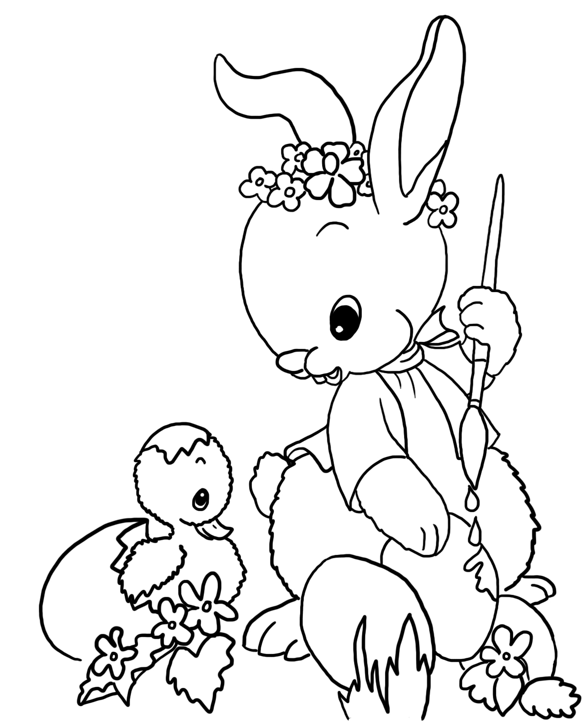 Easter bunny painting Easter eggs to color