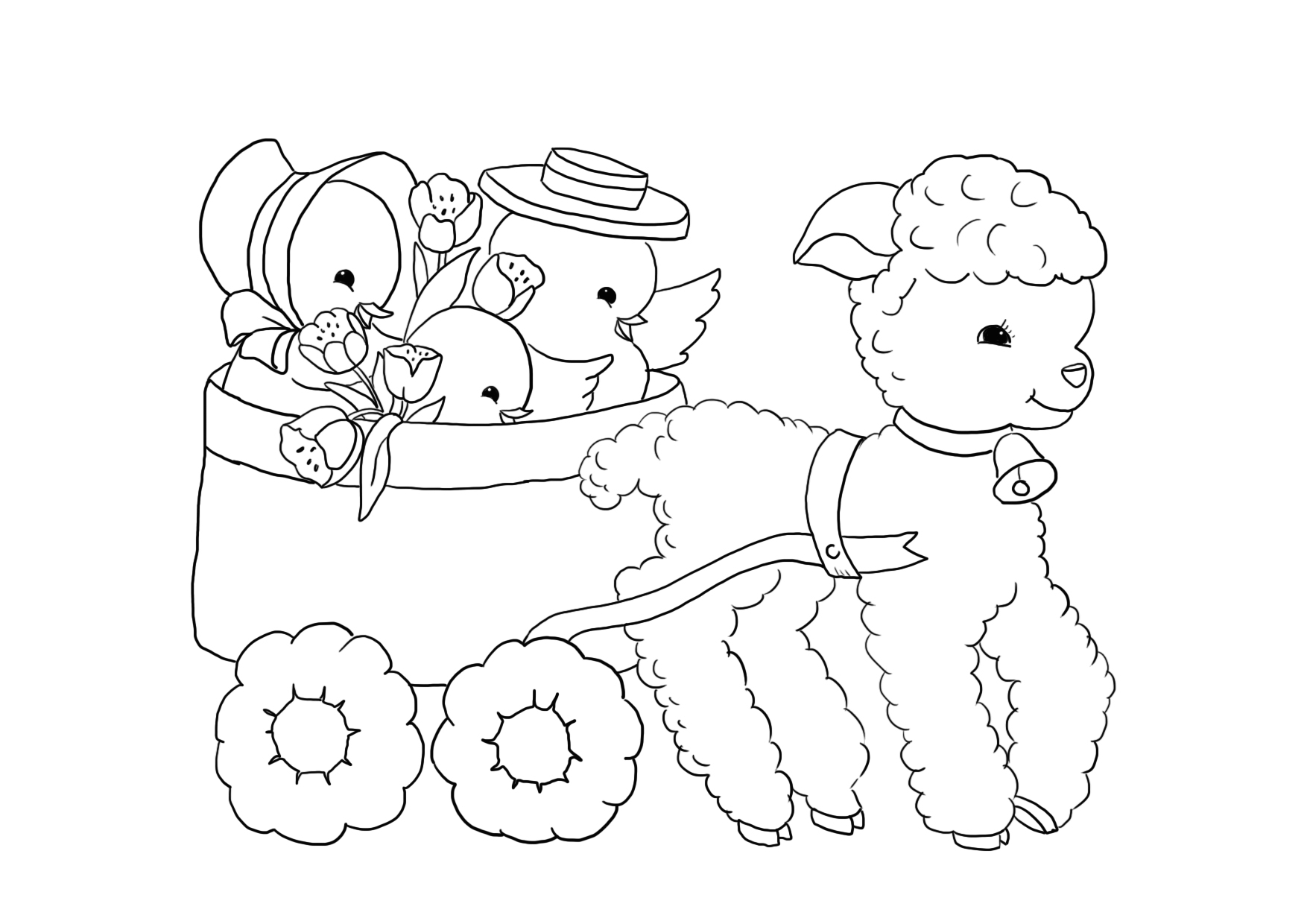 Easter wagon lamb chickens tulips
