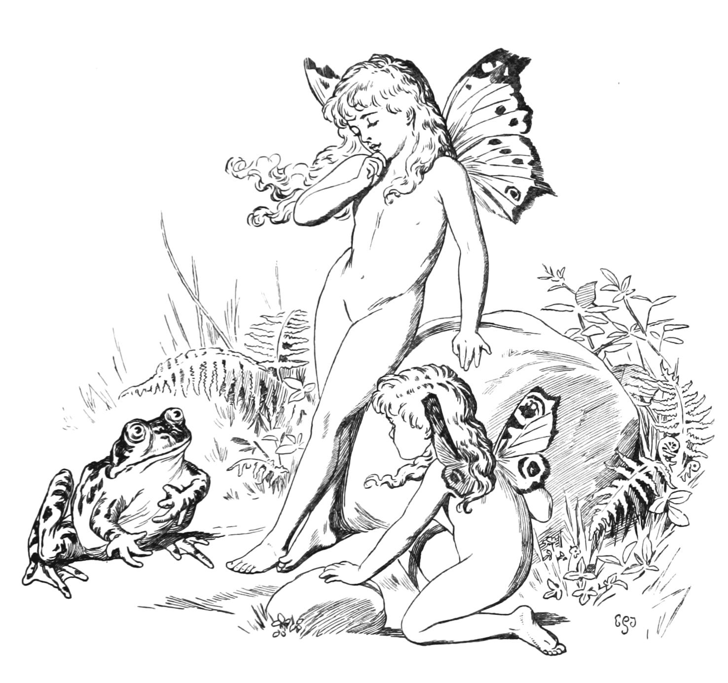 sketch of fairies and a frog
