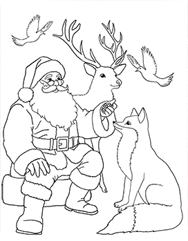 Father Christmas with animals coloring page
