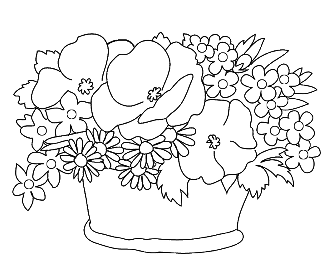 basket with different flower sketch to color