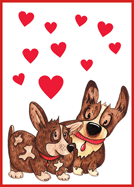 dog love card with hearts