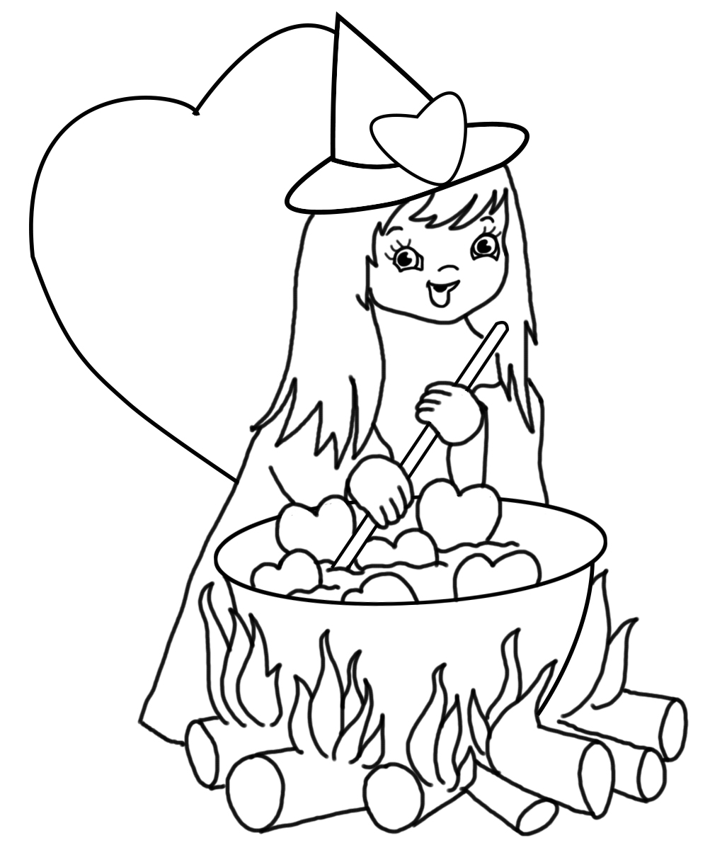 Valentine witch with hearts and cauldron