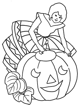 girl lightening a Halloween pumpkin coloring