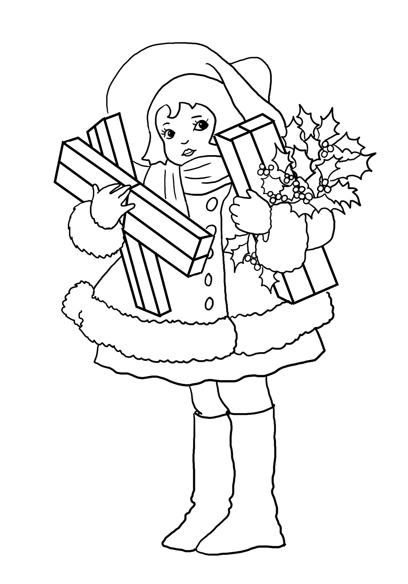 coloring girl with presents and holy