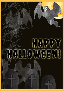 happy Halloween card ghosts tree graves