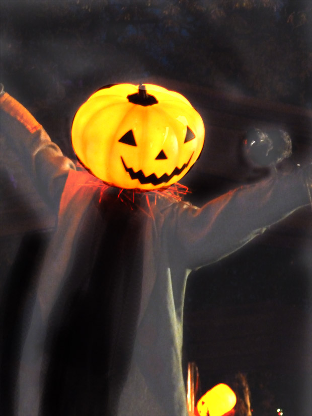 lighted pumpkin man at night