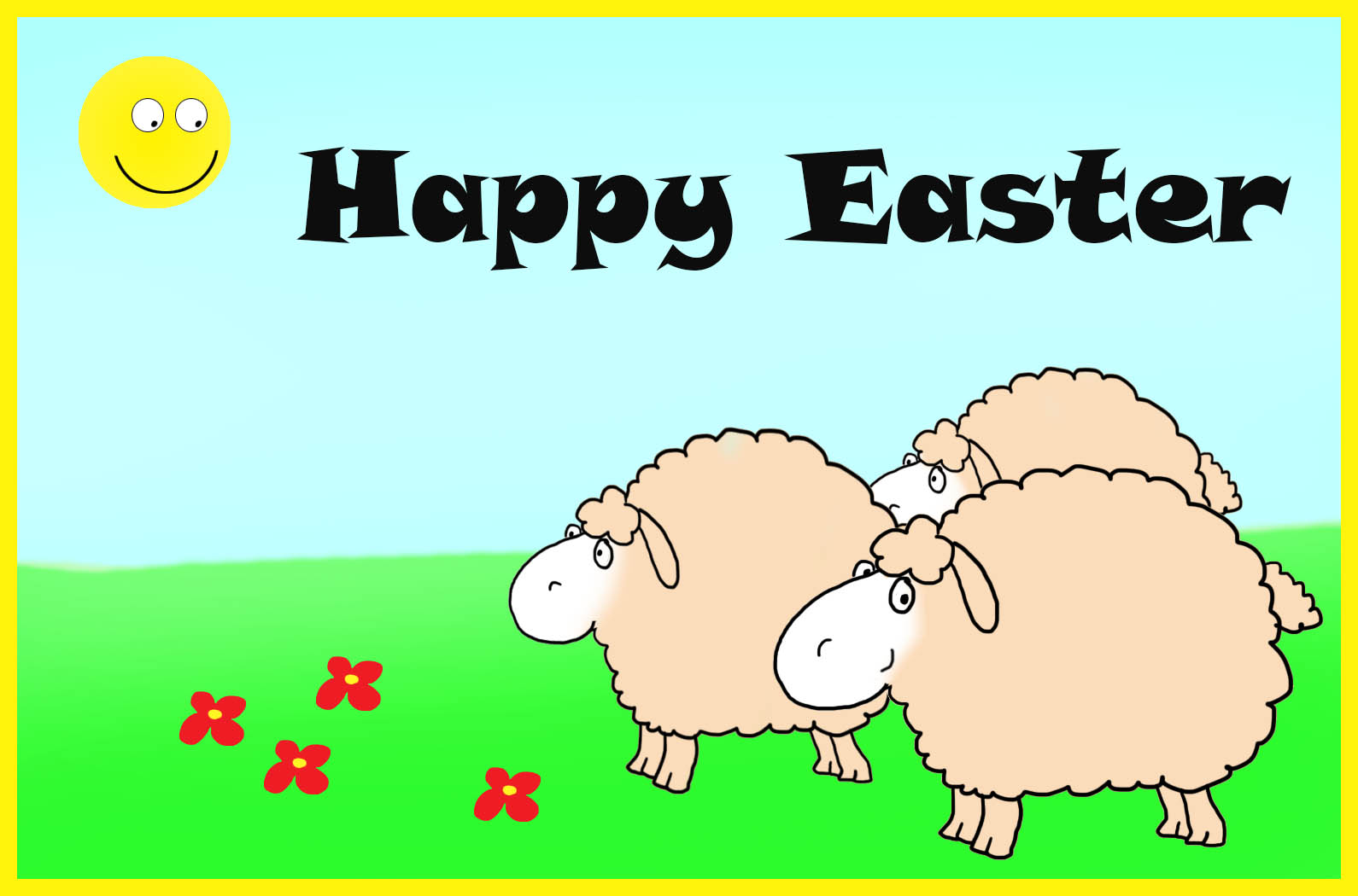 Happy Easter card with sun and sheep