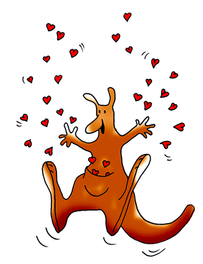 Valentine clipart with kangaroo and red hearts