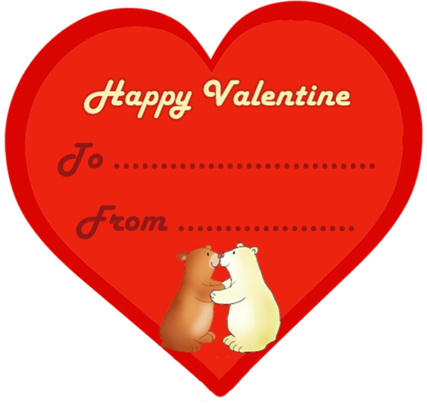 Valentine card shaped as a heart with kissing bears