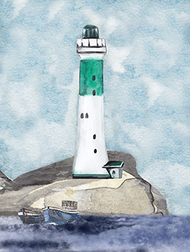 watercolor painting lighthouse boats