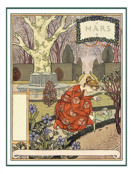 March seasonal drawing of garden Art Nouveau
