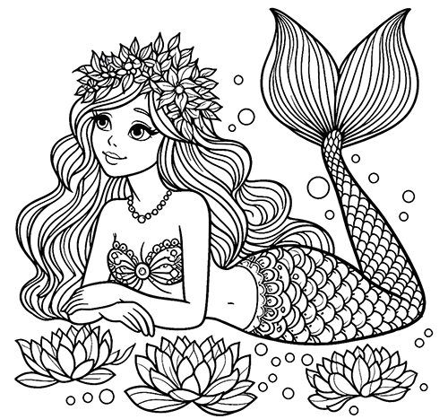 coloring page with mermaid and water lillies