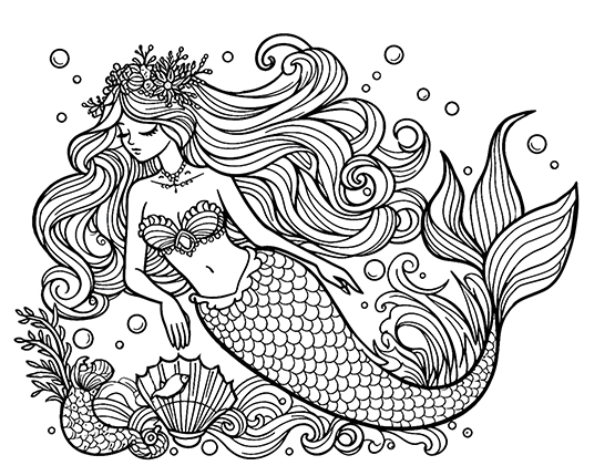 coloring page of mermaid in the sea