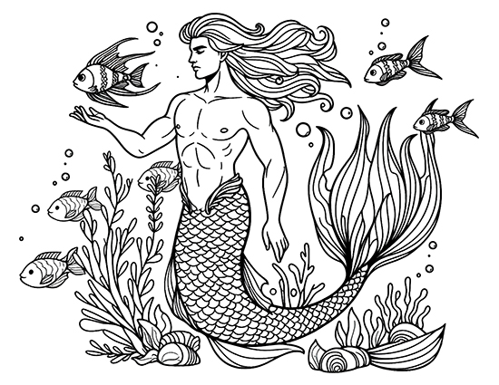merman and fish coloring page