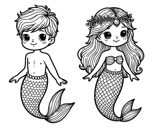 mermaid and merman young coloring page