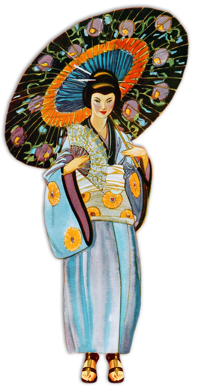 Old drawing Japanese woman and umbrella
