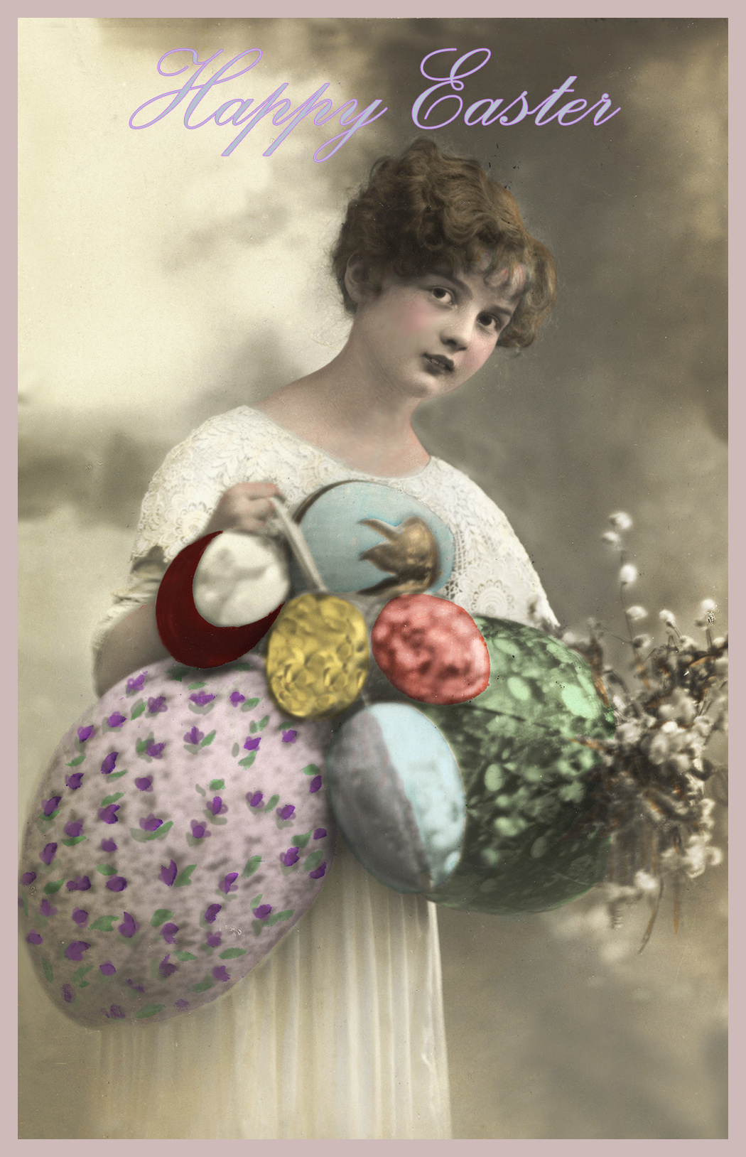 Easter card girl eggs spring branches