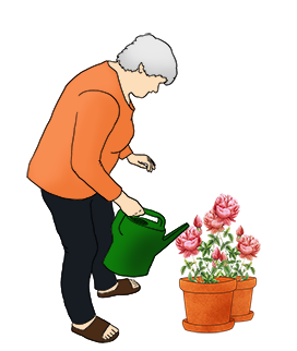 elderly woman watering roses