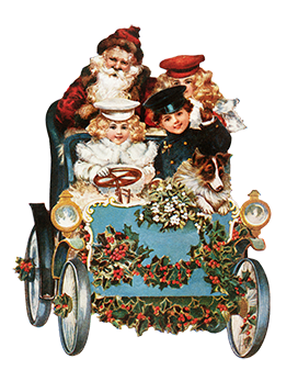 Santa and kids in old vehicle