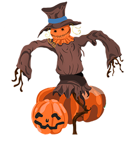 Halloween scare crow and pumpkins