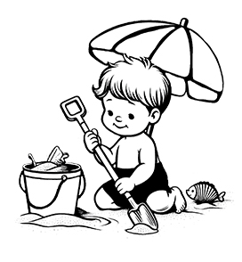 coloring page with small boy at the beach